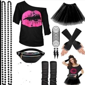 Black and Pink Graphic Top with Accessories